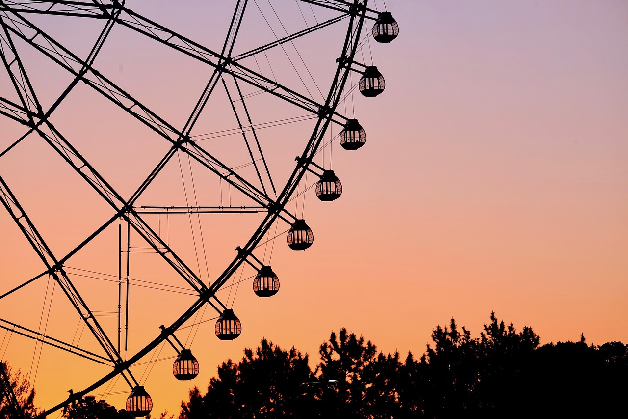 ferris wheel, park, sunset, twilight, silhouette, trees, sky, nature, outdoors, ride